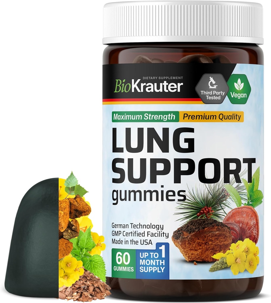 BIO KRAUTER Lung Detox Gummies - 60 ビーガン咀嚼 - Lung Cleanse Supplement w/Vitamin C & Mullein リーフブレンド - 呼吸サポート