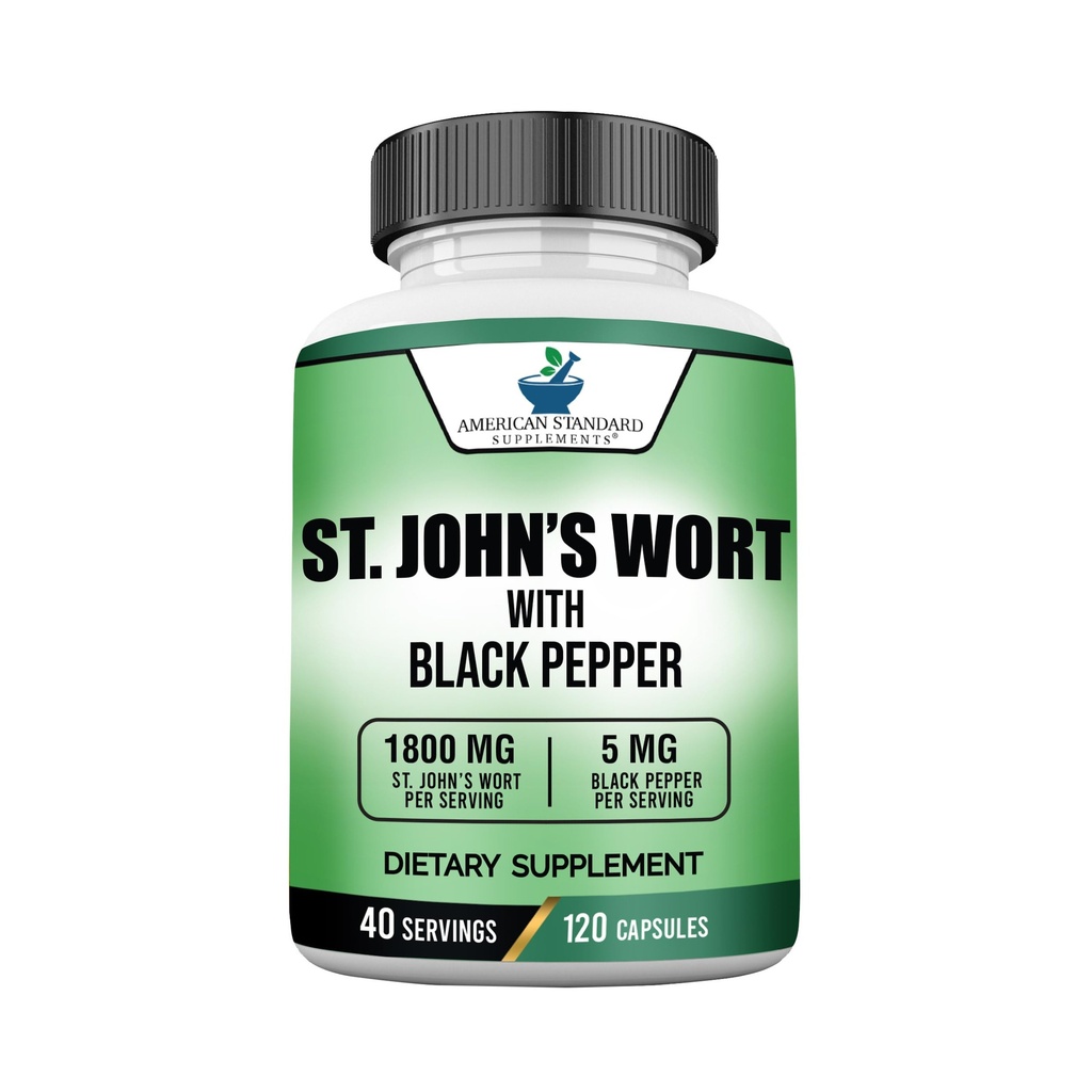 アメリカンスタンダードサプリメントセントジョンズワート1800mg/ブラックペッパーフルーツエキス-ビーガン、グルテンフリー、非GMO、120カプセル、40サービング