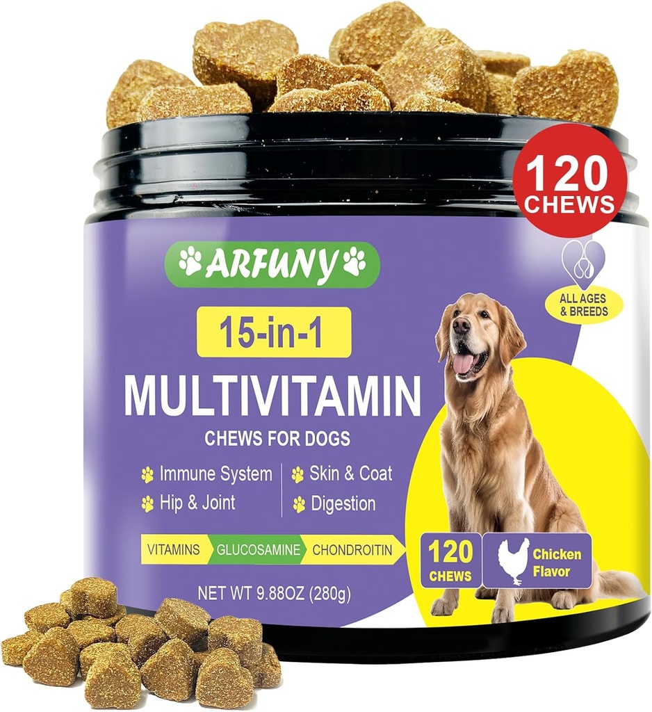 15 in 1 犬マルチビタミンサプリメント - 免疫システム、消化、ヒップ&ジョイント、皮膚&コートのための犬のビタミン - エッセンシャルビタミン、グルコサミン&コンドロイチン - チキンフレーバー、120咀嚼