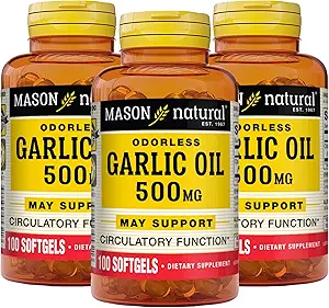 MASON NATURAL Garlic Oil 500 mg Odorless Allium Sativum Supplement – Supports General Wellness, 100 Softgels (Pack of 3)
