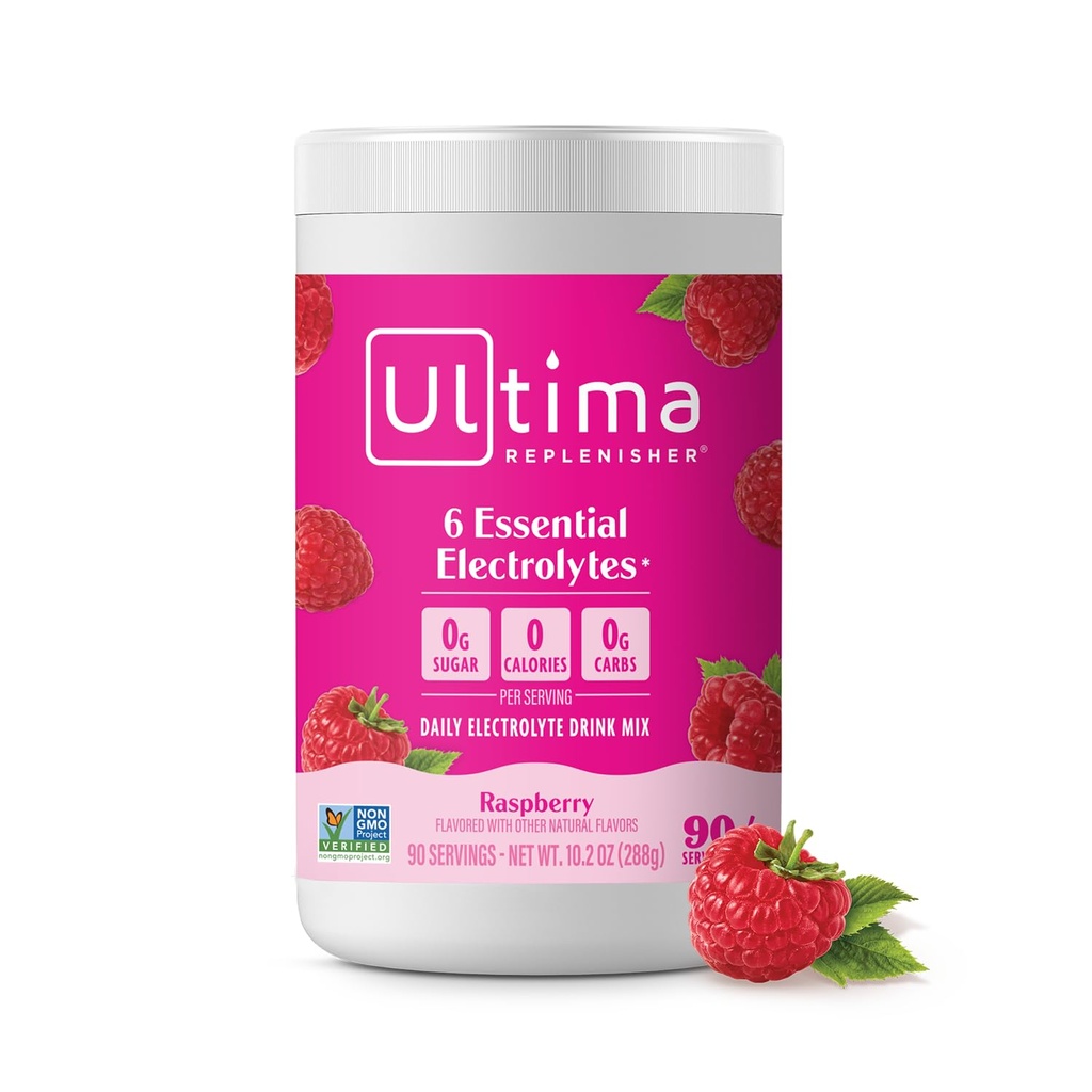 Ultima Replenisher毎日電解パウダードリンクミックス – 砂糖無料 – ラズベリー, 90 サービング – 6 キー電解液とトレースミネラルの水分補給パウダー – ケトフレンドリー, ビーガン, 非GMO