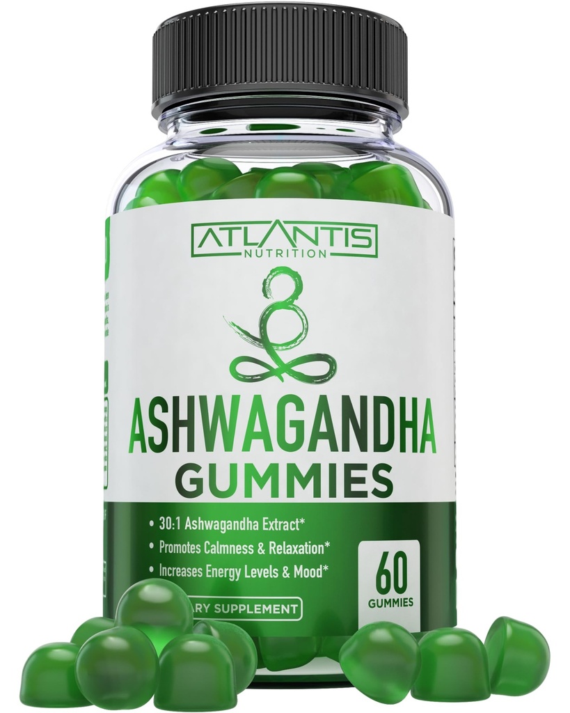 アトランティス栄養アシュワガンダグミー - サービングあたりの1500 MG - カロリーを促進し、気分を改善し、エネルギーレベルをブーストし、免疫システムを強化 - ビタミンD&亜鉛で処方 - ビーガン  60カウント