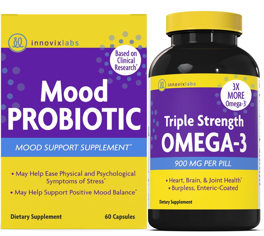 InnovixLabs Mood Probiotic & Triple Omega Bundle Mood Probiotic (60カプセル) トリプル強度オメガ-3 魚油 (200 Softgel). 脳、関節、免疫の健康をサポート*