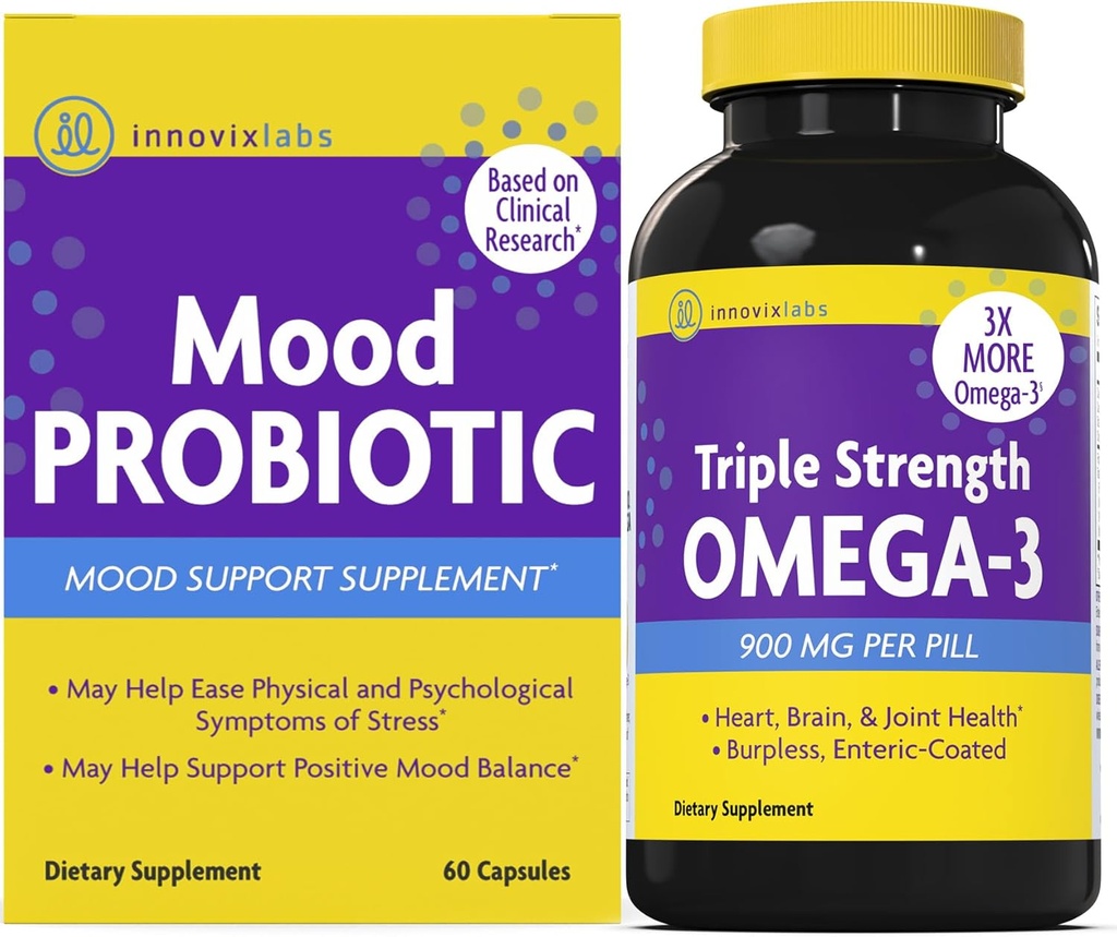 InnovixLabs Mood Probiotic & Triple Omega Bundle Mood Probiotic (60カプセル) トリプル強度オメガ-3 魚油 (200 Softgel). 脳、関節、免疫の健康をサポート*