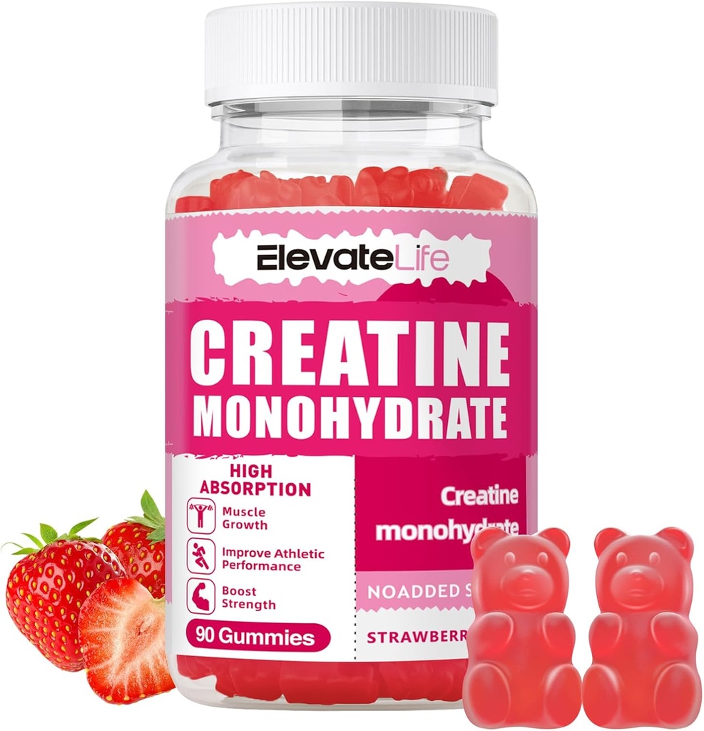 ElevateLife Creatine Monohydrate Gummies 5000mg for Men & Women, Chewables Creatine Monohydrate for Muscle Strength, Muscle Builder, Energy Boost, Pre-Workout Supplement(90 Count)-Strawberries