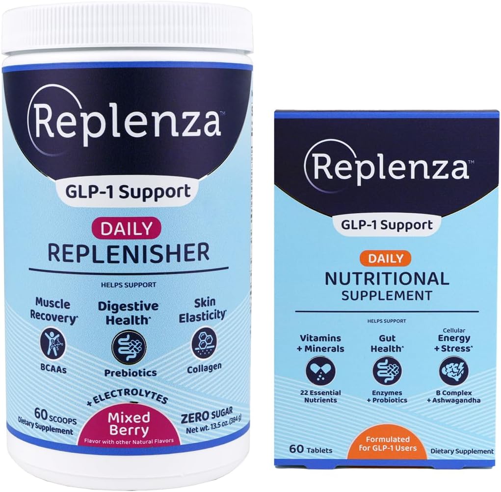 Replenza Daily GLP-1栄養サポートバンドル - Gut Health(60錠)のエッセンシャルビタミン&ミネラル+アミノ酸、プレバイオティクス&コラーゲン(ベリー、60スクープ)付きの毎日の補充パウダー