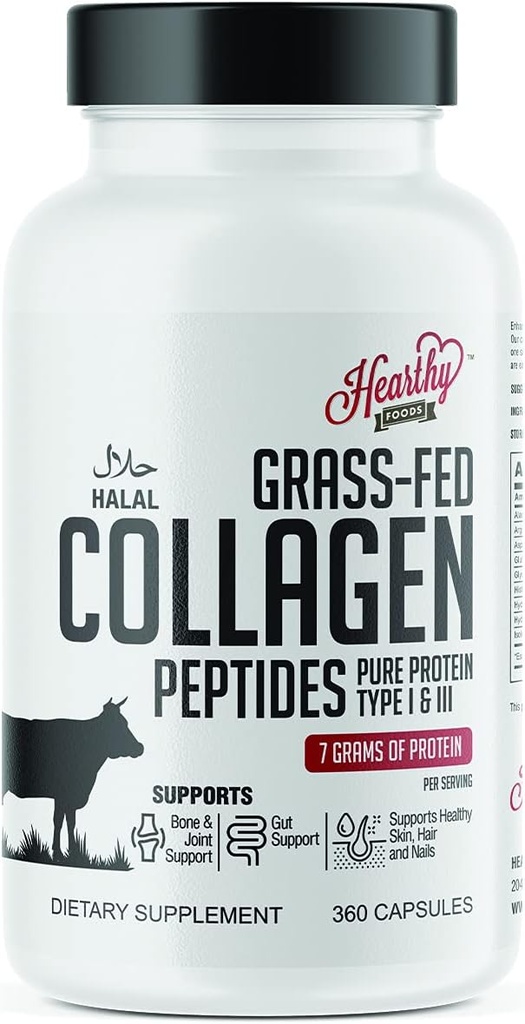 HEARTHY FOODSのコラーゲンの丸薬の補足(タイプI、III)、360のコラーゲンのカプセルの健康な毛、皮、釘、接合箇所-酪農場およびグルテンフリーのコラーゲンの補足- 7のグラムのサービングごとの蛋白質