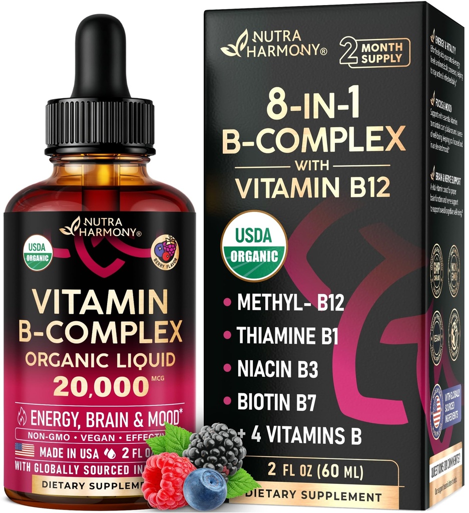 USDA 有機ビタミン B-コンプレックス B5 パントテン酸 | B12 メチルコバラミン | B1 チアミン | B6 ピリドキシン | B7 ビオチン | B9 葉酸 | B3 ナイアシンアミド - B 複合液滴, 米国サプリメントで製造, 2 オンス
