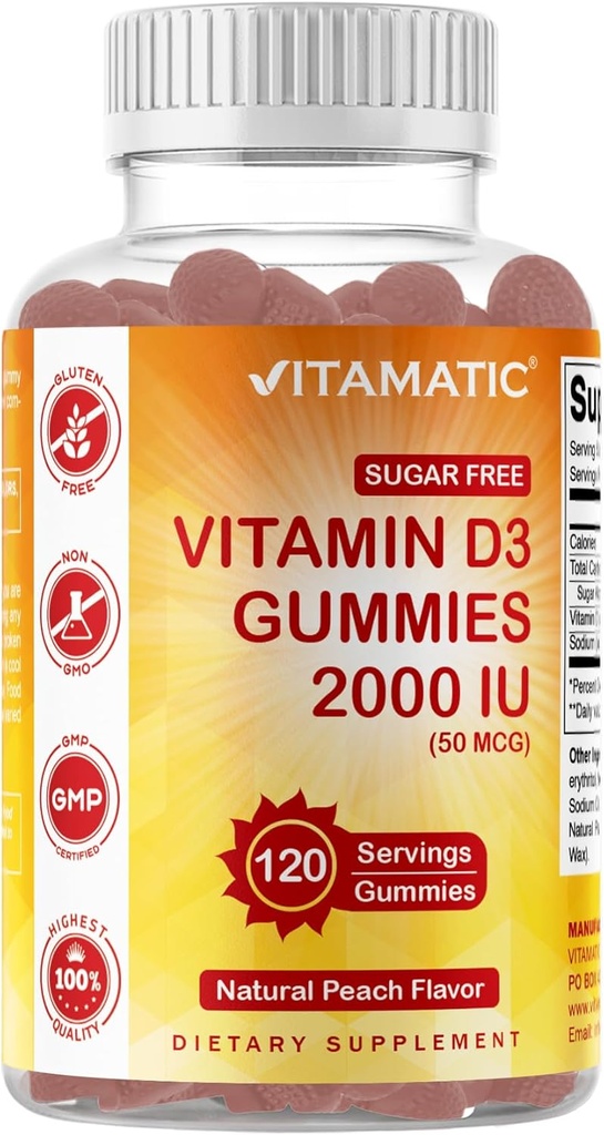 Vitamatic Sugar Free Vitamin D3 2000 IU - 120 Pectin Based Gummies - Great Taste - Healthy Bones, Mood & Immune System Function - Non-GMO - 120 Servings