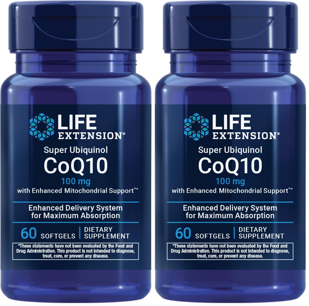 ライフエクステンションスーパーUbiquinol CoQ10強化ミトコンドリアサポート、ポテンシャルハートヘルス&セルラーエネルギー生産サポート、超吸収性、グルテンフリー、非GMO、100mg、60ソフトゲル(パッケージ2)