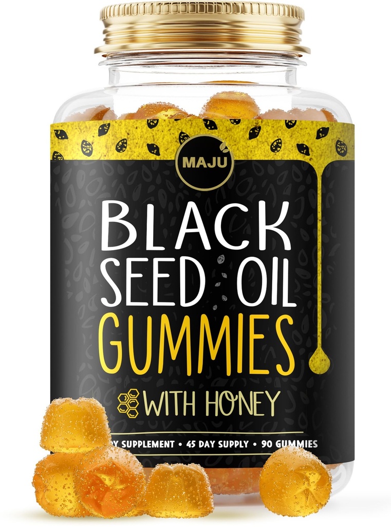 MAJUのハニー90ct、500mg BSO Gummy、ブラックカミンシードニゲラサティバオイル、コールドプレス、ポテンシャルフォーミュラ、90ct