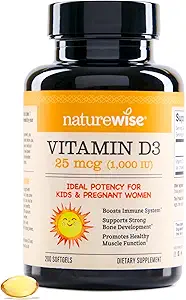 NatureWiseビタミンD3 1000iu(25 mcg)免疫サポート、健康な筋肉機能および骨の健康のための200日の供給 - 非GMO、有機エキストラバージンオリーブオイル(ミニSoftgel)、200カウント