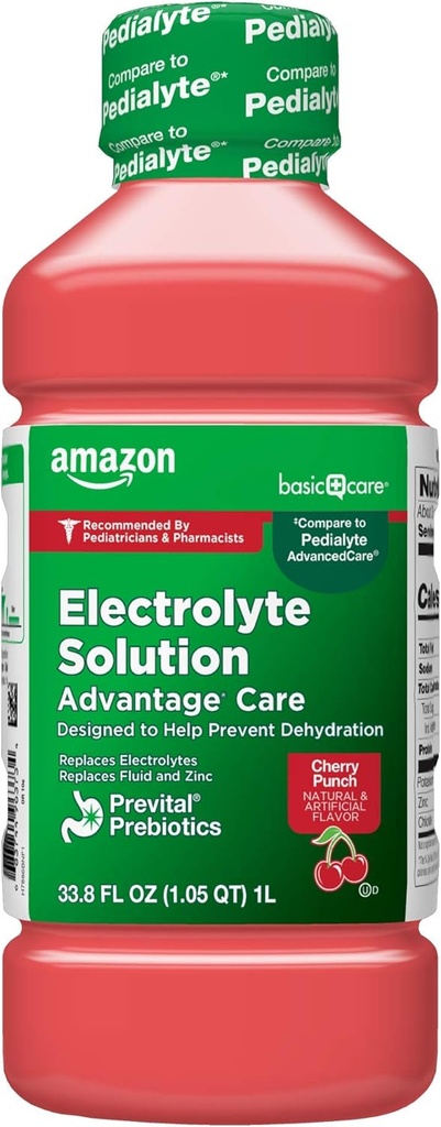   Basic Care Electrolyte Solution Advantage Care with PreVital Prebiotics, Cherry Punch, Designed to Help Prevent Dehydration, Replaces Electrolytes, Fluid and Zinc, 33.8 fl oz (Pack of 1)