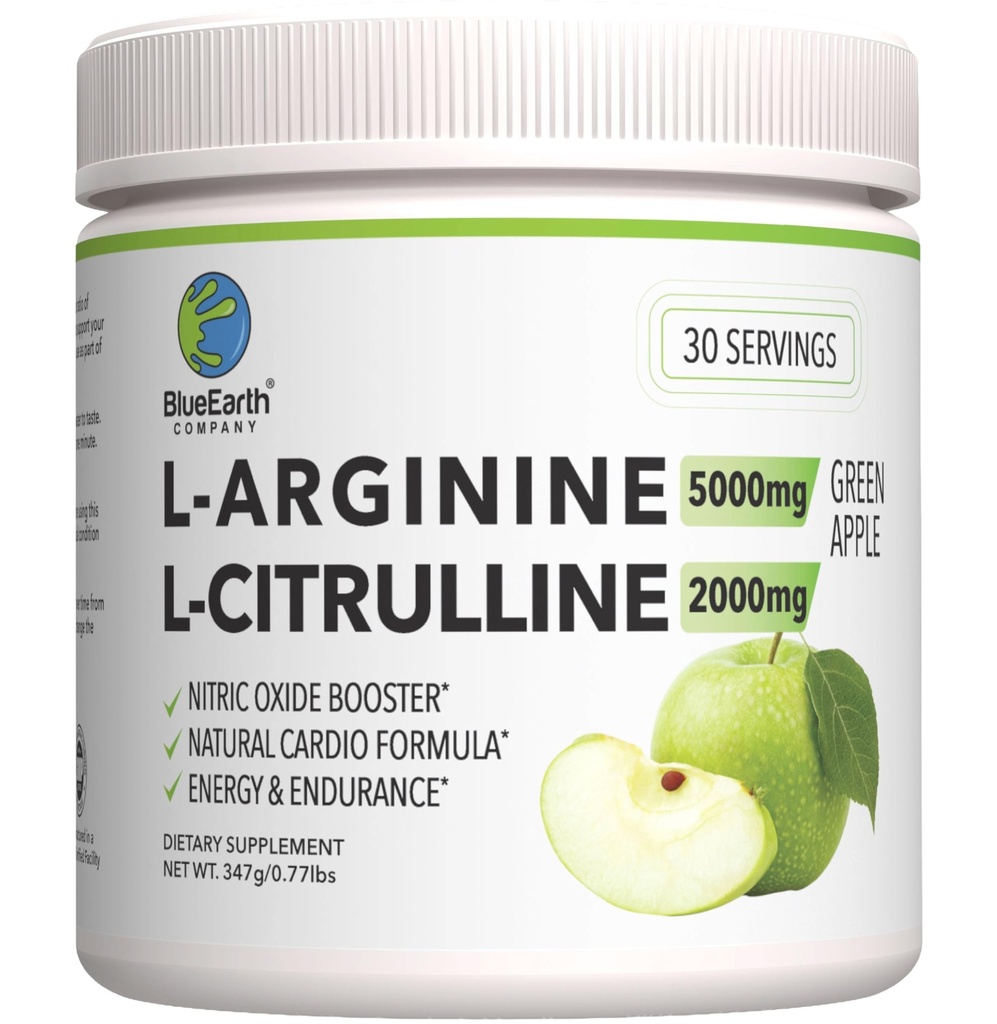 L-アルギニン5000mg + L-シトルリン2000mgコンプレックスパウダーサプリメントドリンクミックス - 心の健康、血流&エネルギーのためのニトリオキサイドブースター - 30サービング(グリーンアップル)