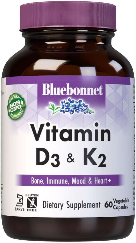 Bluebonnet Nutrition Vitamin D3&K2、Sony-Free、Strong Healthy Bones*、Gluten-Free、Non-GMO、Dairy-Free、Kosher認定、ベジタリアン、60野菜カプセル、60サービング