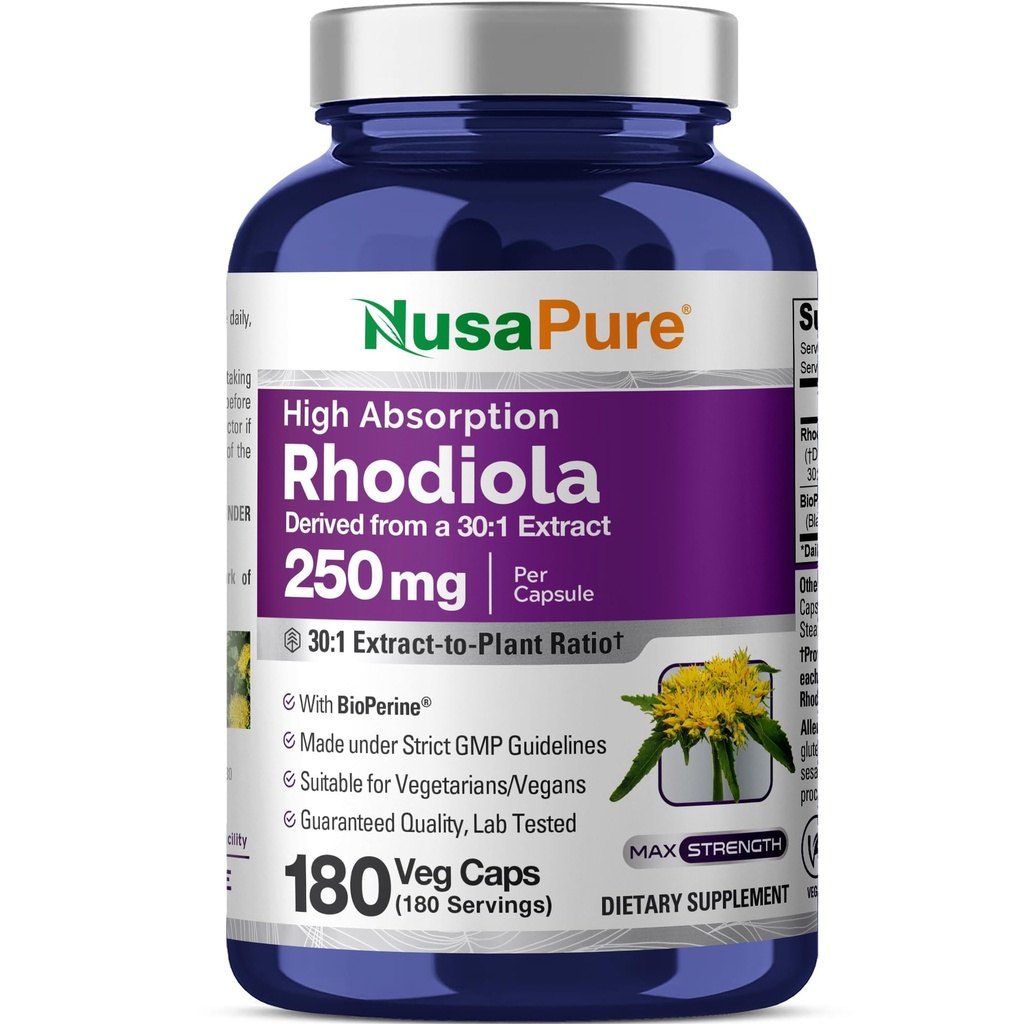 NusaPure Rhodiola Rosea 7,500mg 180 Veggie カプセル(非GMO、抽出30:1、ビーガン&グルテンフリー) バイオペリン