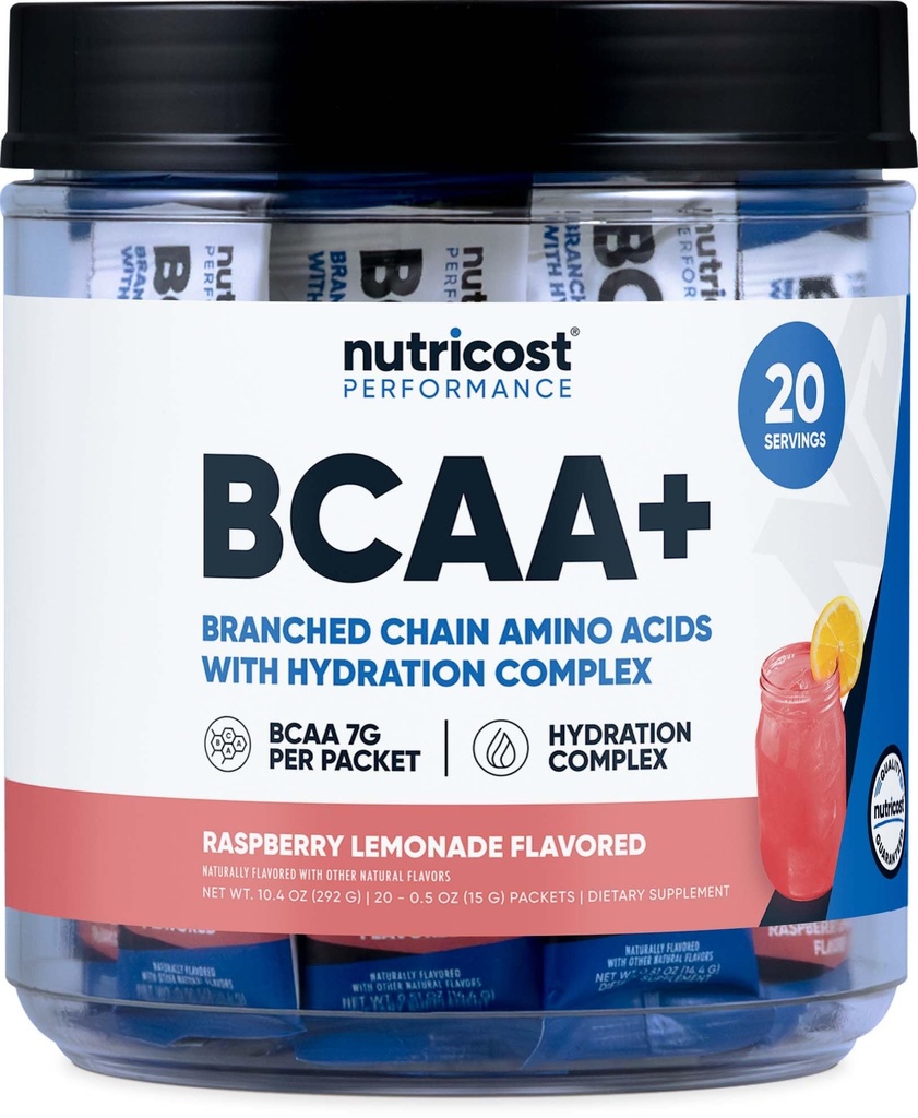Nutricost BCAA + Hydration Raspberry Lemonade(20 スティックパック) - 分岐させたチェーン アミノ 酸と水和コンプレックス - グルテンフリー、非GMO