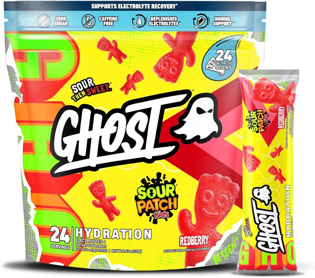 GHOST Hydration パケット, サワー パッチ キッズ レッドベリー, 24 スティック, 電解質パウダー - ドリンク ミックス サプリメント マグネシウム、カリウム, ビタミン C - ビーガン, 大豆の無料, 砂糖 & グルテンフリー