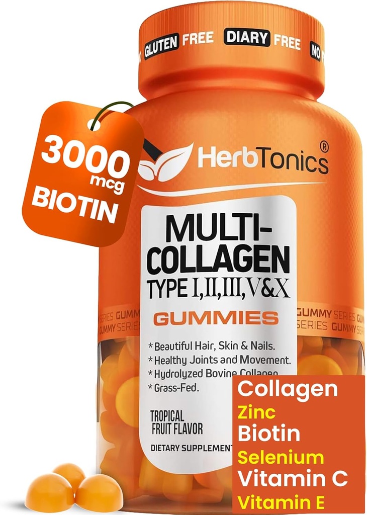 Herbtonics Biotin及びビタミンC、加水分解されたコラーゲンのペプチッドが付いている多コラーゲンのグミiesはI、II、III、V、毛、皮、釘及び骨サポートのためのXをタイプします-熱帯味、60のグミ