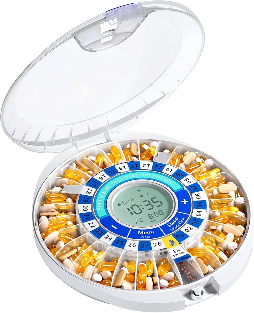 警報、28日の電子ロックされた丸薬箱、薬、ビタミンおよび補足のための音及び軽い補強剤が付いている高齢者のためのDaviky自動丸薬ディスペンサー(青)