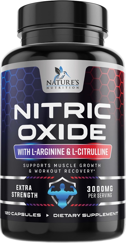 Nitric酸化物ブースターの余分強さ3000mg - 3X強さL-Arginine及びCitrullineの人のための最もよいNitric酸化物の補足、サポート筋肉、中心健康、米国でびん詰めにされるエネルギー補足、120のカプセル