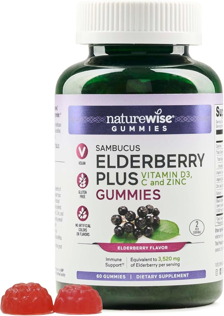 NatureWise Sambucus エルダーベリーグミー - ビタミンC、D3、亜鉛 - エルダーベリーと子供年齢のための免疫サポートサプリメント - ビーガン、非GMO - 60カウント[30日の供給]