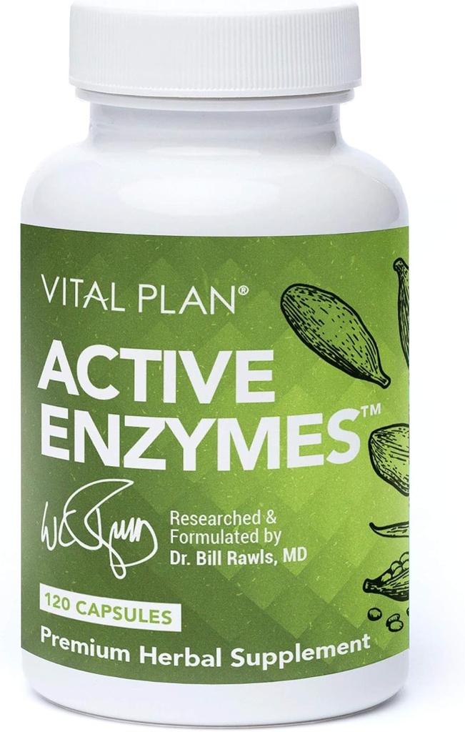Vital Plan Active Enzymes Supplement by Dr. Bill Rawls - Digestive Enzymes for Gut Health & Digestion - Protease, Bromelain, Lactase, Amylase & Lipase (120 Capsules)
