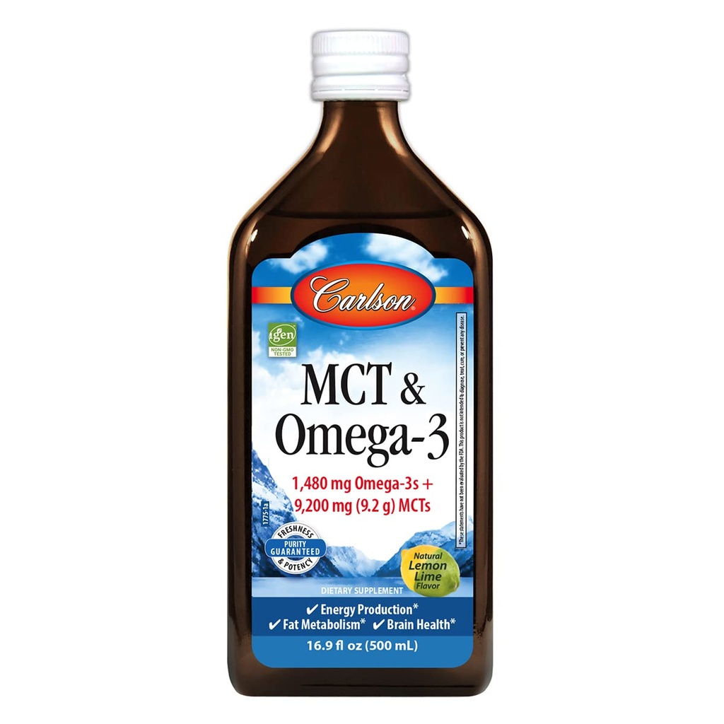 カールソン - MCT & Omega-3、1480 mg Omega-3s、9200 mg MCT、Keto-Friendly、カプリル酸、エネルギー生産、脂肪代謝、レモンライム、500 mL(16.9 Fl Oz)