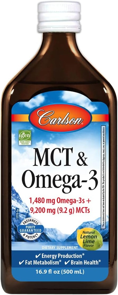 カールソン - MCT & Omega-3、1480 mg Omega-3s、9200 mg MCT、Keto-Friendly、カプリル酸、エネルギー生産、脂肪代謝、レモンライム、500 mL(16.9 Fl Oz)