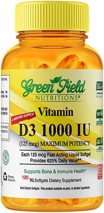 Greenfield Nutritions Halal Vitamin D3 Softgel - 高効力ビタミンD3 1000 IU(125 mcg)、120 Unflavored Mini Softgels - ハラールビーフゼラチンD 3ビタミン、免疫骨の歯の脳と髪をサポート