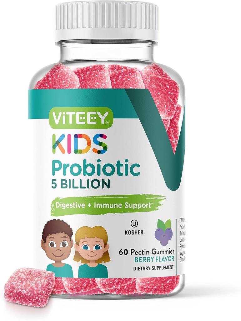子供のためのViteey Probioticグミー - 5ビリオンCFU - プロバイオティクスキッズ便秘救済、自然免疫&消化の健康サポート - ベジタリアン、ゼラチン無料、GMO無料 - おいしいベリー風味のガミー
