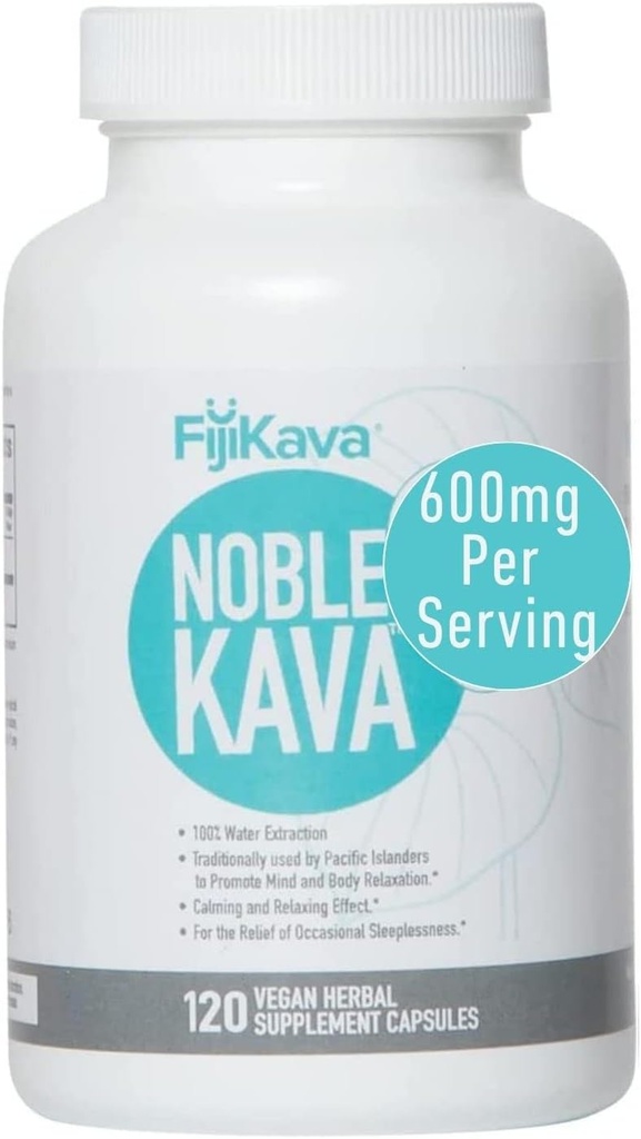 FijiKava Noble Kava Kava Capsules, 600mg Kavalactones Per Serving, Natural Relaxation & Sleep Support Supplement, Vegan & Non-GMO, 120-Count, Premium Piper Methysticum Extract for Calm & Stress Relief