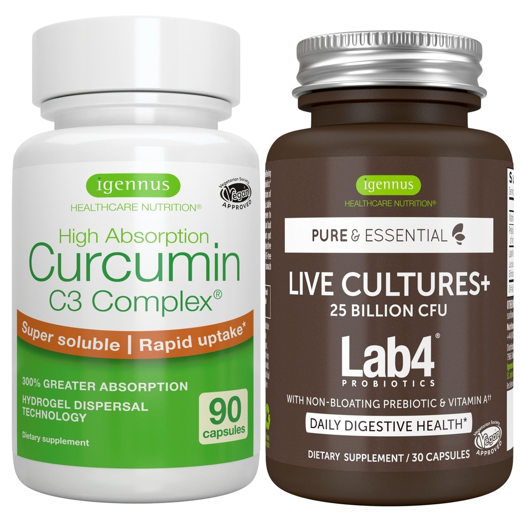ライブカルチャー+ Lab4 Probiotics + 高吸収クルクミンC3コンプレックスビーガンバンドル、25 Billion CFU Probiotic、非Bloating Prebiotic + 300% 急流の吸収クルクミノイド、Igennusによる