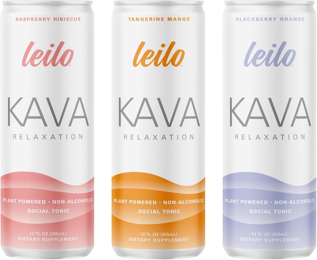 LEILO | カヴァ・パワー・スパークリング・リラクゼーション・ドリンク | クラシック・バラエティーパック – 含まれるもの: ラズベリー・ハイビスカス、タンジェリン・マンゴー、ブラックベリー・オレンジ | 12 fl oz 缶(12個入)