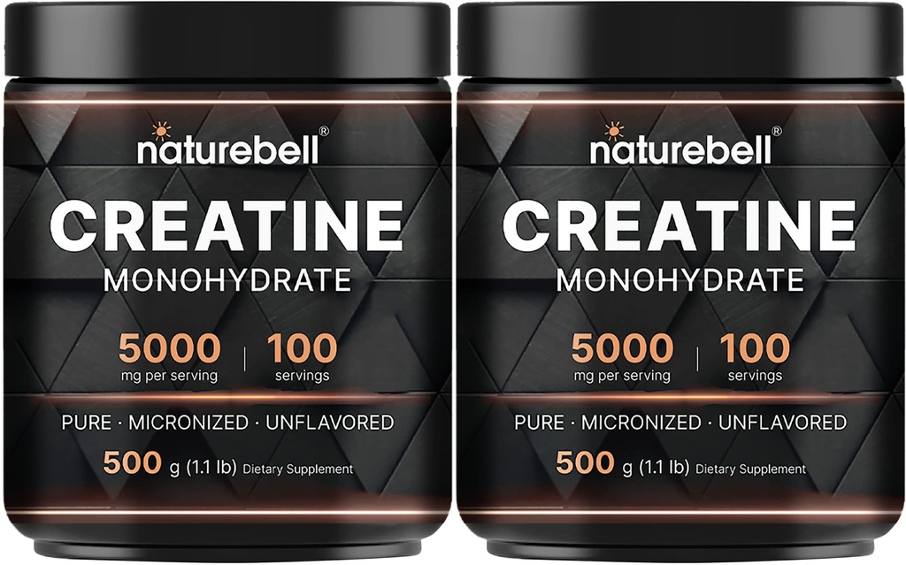 NatureBell 2パッククレアチンモノハイドパウダー500g、サービングあたりの5,000mg | Micronized、Pure & Unflavored | Pre-Workout Muscle Support | Keto、Vegewel、Fireer-Free | 200 サービング(2.2 lb)