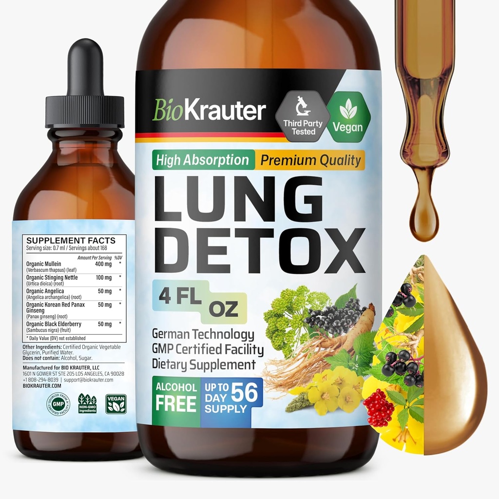 BIO KRAUTER Lung Detox ドロップ - 純粋なビーガン肺クレンジング液体フォーム 4 Fl.Oz 56 供給の日 - ブレンド Mullein, エルダーベリー, スタッキング イラクサ, ジンセン & アンジェリカ エキス - 呼吸器サポート