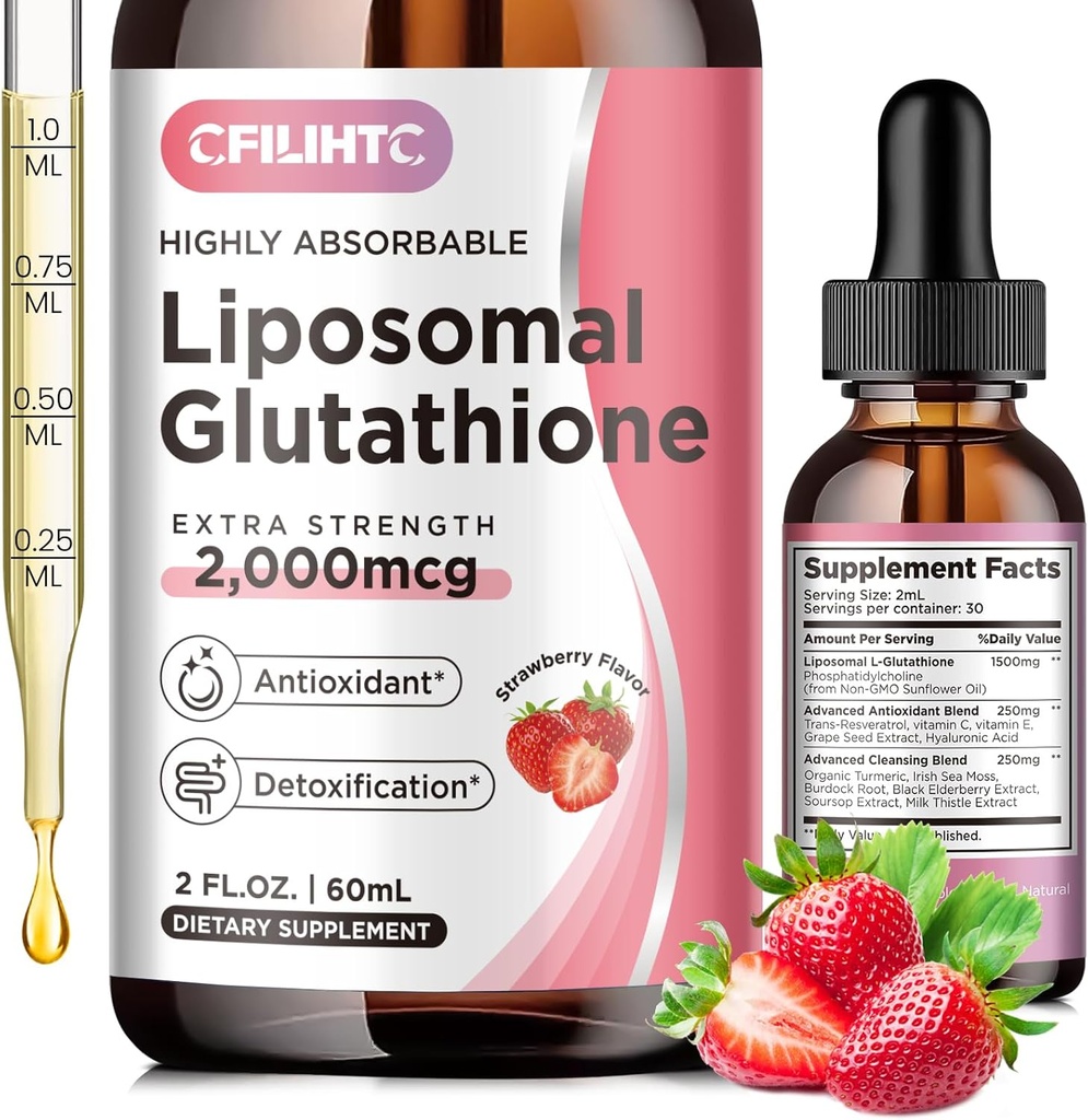 Liposomalのグルタチオンの液体の低下、グルタチオンの液体の補足、活動的な形態L-グルタチオン、ビタミンC、レバーのデトックス、反老化のための酸化防止、免疫及び清潔になること、いちごの味、2 FL.OZ