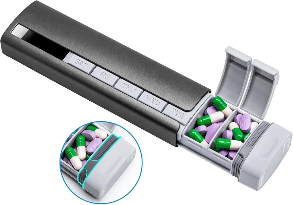 Daviky Metal Travel Pill Organizer, Premium Aluminum Pill Box 7 Day, Weekly Daily Pill Case, Stylish&Cute Pill Holder for Medicines, Supplements and Vitamins (Gray)