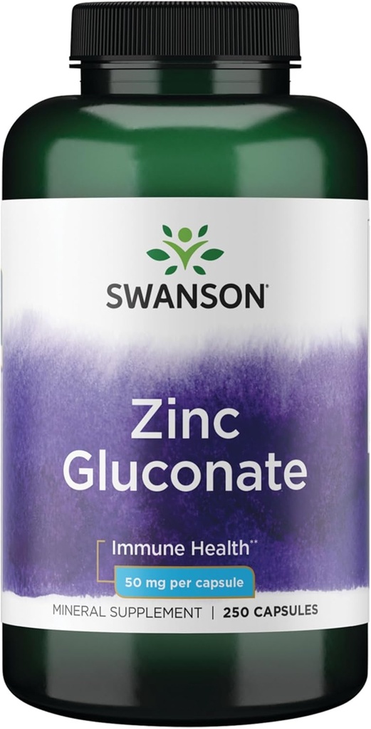 Swanson Zinc Gluconate - Mineral Supplement Promoting Prostate Health, Vision Health, & Immune Support - Gluconate Form for Optimal Absorption - (250 Capsules, 50mg Each)