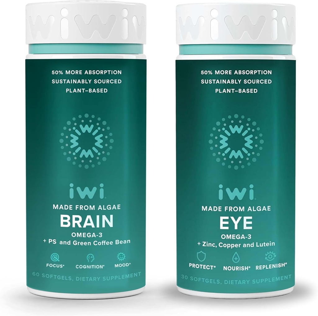 Iwiライフブレイン&アイオメガ-3バンドル、30サービング、ビーガン植物ベースの藻オメガ3とEPA + DHA、Krill&フィッシュオイル代替、魚介の後味なし