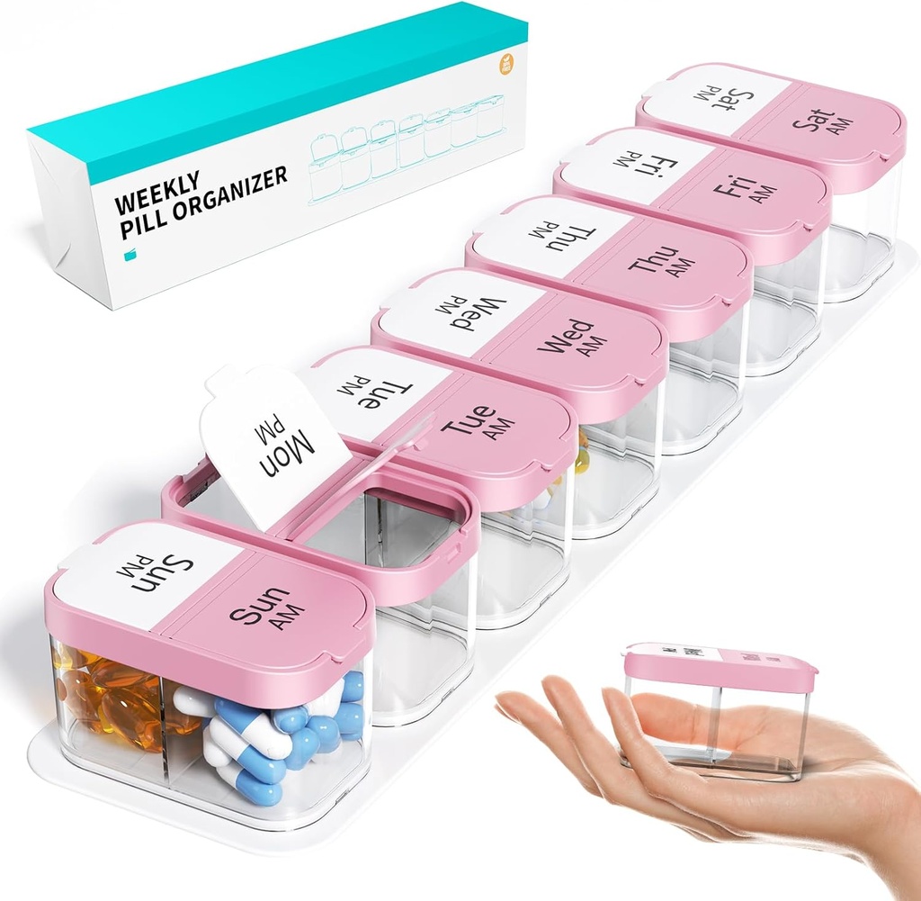 Odaro Extra Large Weekly Pill Organizer 2 Times A Day, Pill Box 7 Day Am Pm to Hold Daily Medicine Vitamin and Supplements - Pink