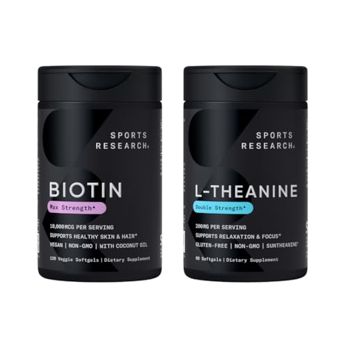 ココナッツオイルの最高の強さのビタミンB7 120のSoftgels (4か月の供給)および焦点のための二重強さL-Theanineの補足、弛緩及び警急200mg 60の計算のスポーツの研究のビーガンBiotinの10,000mcg