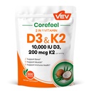 VEVコアフィールビタミンD3 K2、10,000 IU D3、200mcg K2(MK7)、BoneとTeeth Healthをサポート、毎日のウェルネスのためのデュアル栄養素サポート、簡単にスワロー - 300カプセル