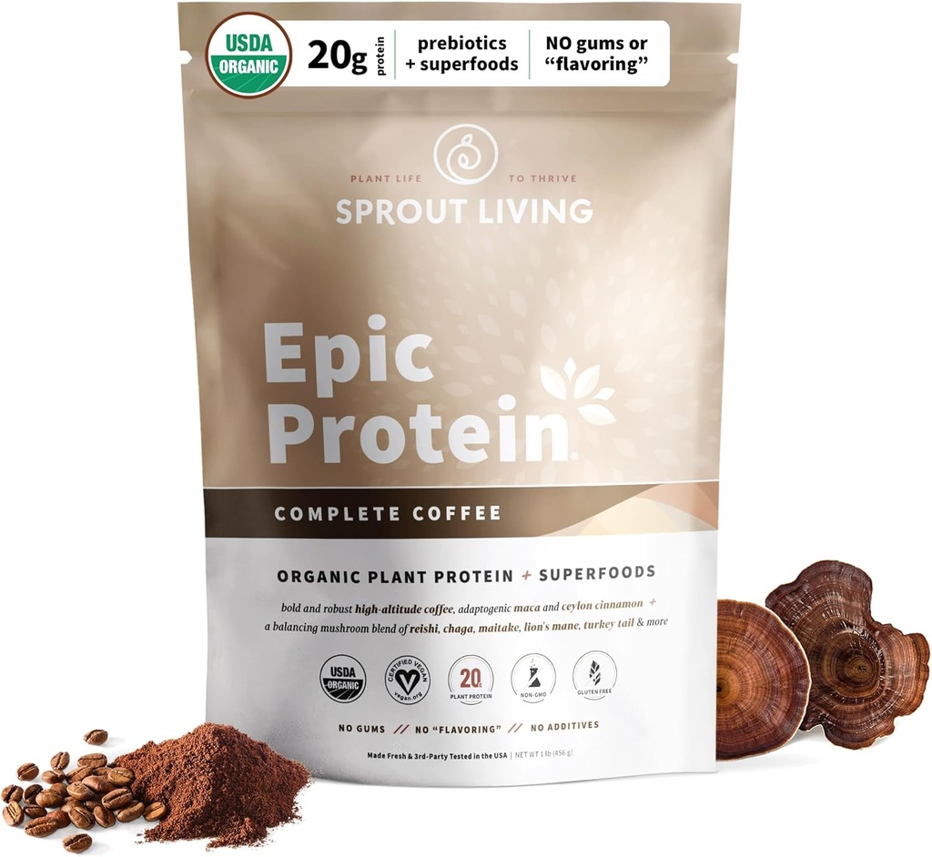 Sproutリビング, Epic Protein, 植物ベースのタンパク質 & スーパーフードパウダー, 完全なコーヒー | 20 グラム有機タンパク質パウダー, アダプトゲン, きのこ, ビーガン, 非GMO, グルテンフリー (1 ポンド, 12 サービング)