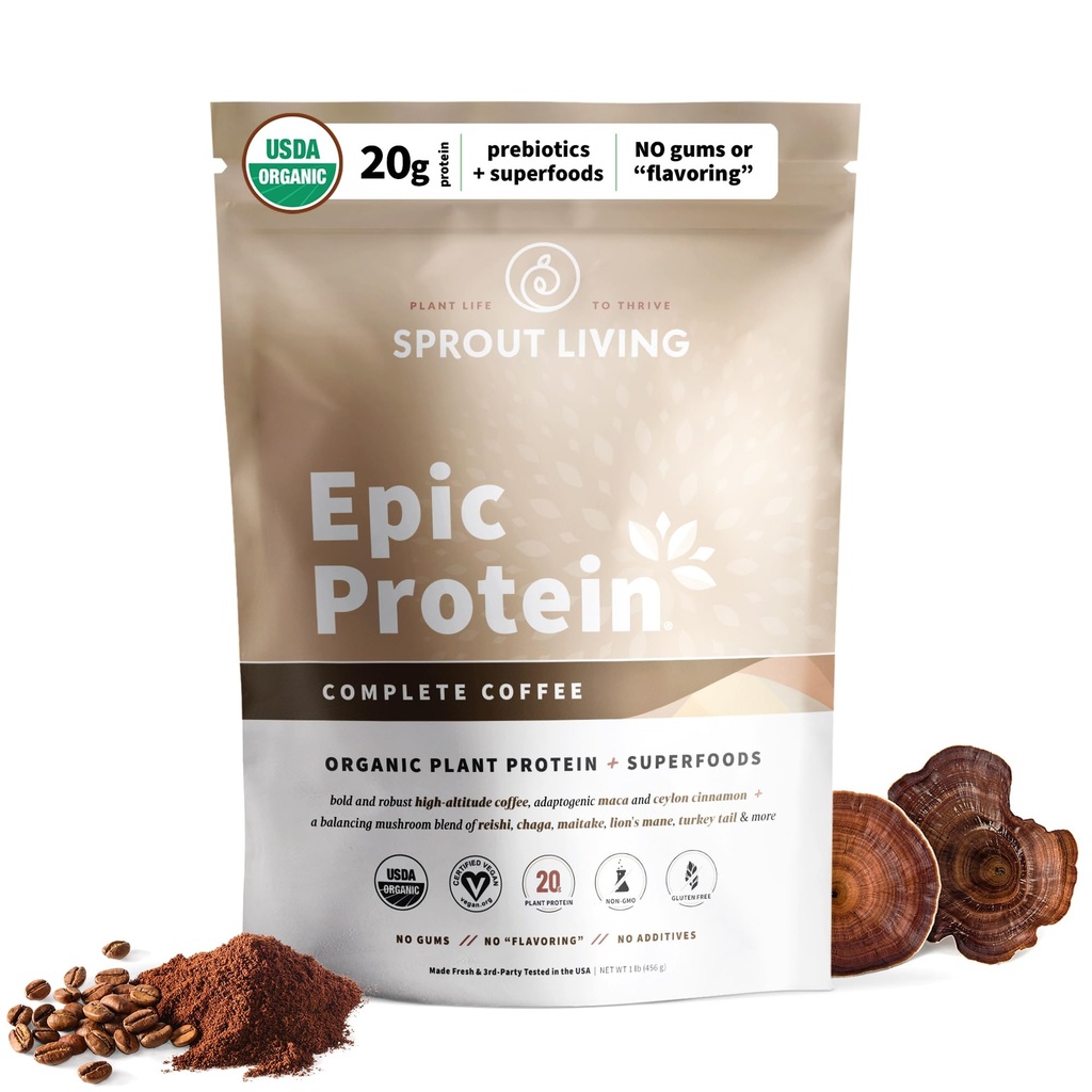 Sproutリビング, Epic Protein, 植物ベースのタンパク質 & スーパーフードパウダー, 完全なコーヒー | 20 グラム有機タンパク質パウダー, アダプトゲン, きのこ, ビーガン, 非GMO, グルテンフリー (1 ポンド, 12 サービング)