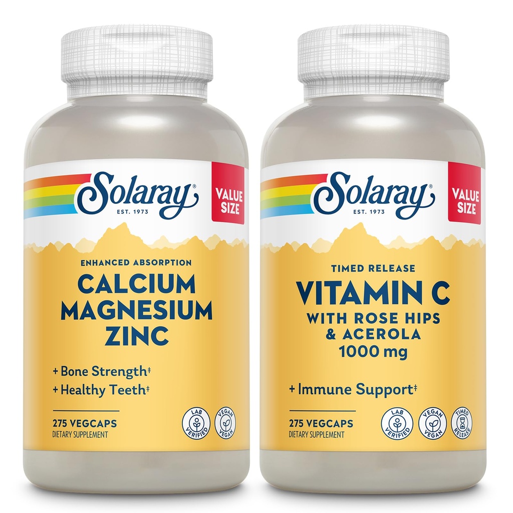 SOLARAYカルシウムマグネシウム亜鉛とタイムドリリースビタミンC - 骨の健康、免疫サポートバンドル、1000mgカルシウム、500mgマグネシウム、1000mgビタミンCサプリメント、ビーガン、60日保証、275ベジキャップ各