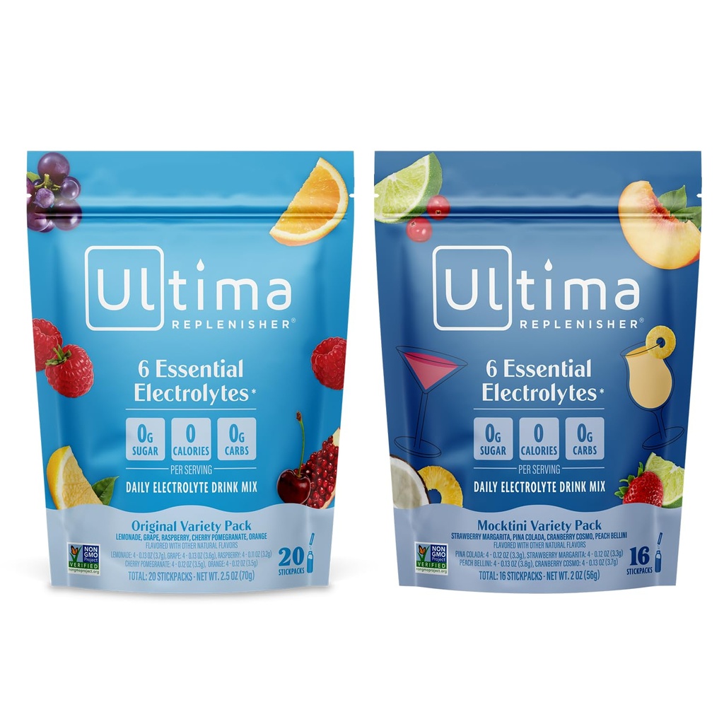 Ultima Replenisher毎日電解パウダードリンクミックス - 砂糖無料 - Mocktini Varietyとオリジナルバラエティ、36スティックパック - 6電解液とミネラルの水分補給パケット - Keto、非GMO