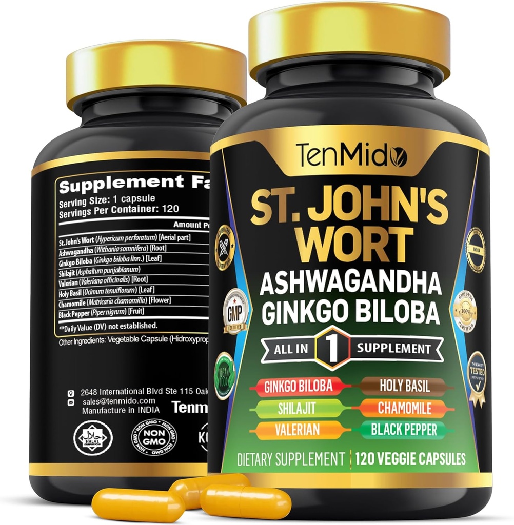 St.John's Wort Supplement - 8in1フォーミュラ - Ashwagandha、Ginkgo Biloba、Shilajit、Valerian、聖バジル、カモミール、ブラックペッパーと組み合わせる - 4ヶ月の供給のための120ビーガンカプセル