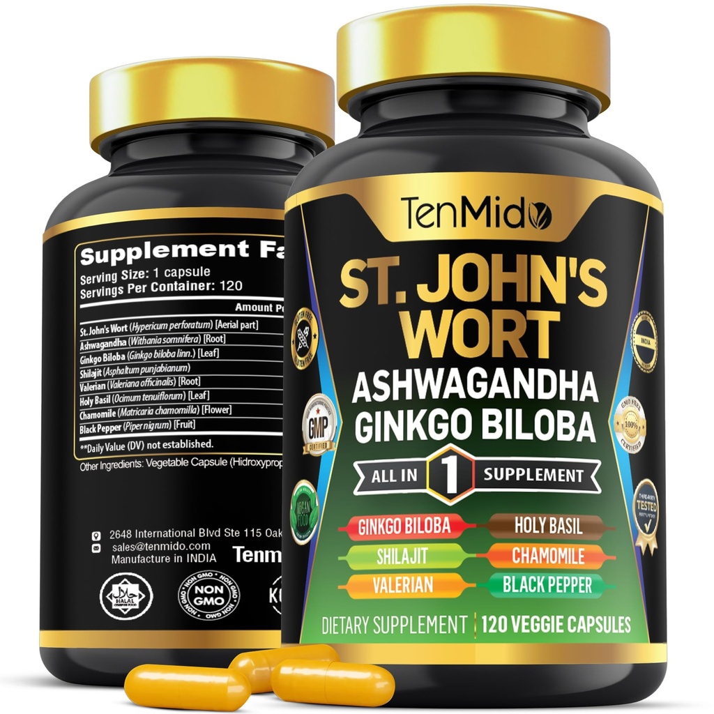 St.John's Wort Supplement - 8in1フォーミュラ - Ashwagandha、Ginkgo Biloba、Shilajit、Valerian、聖バジル、カモミール、ブラックペッパーと組み合わせる - 4ヶ月の供給のための120ビーガンカプセル