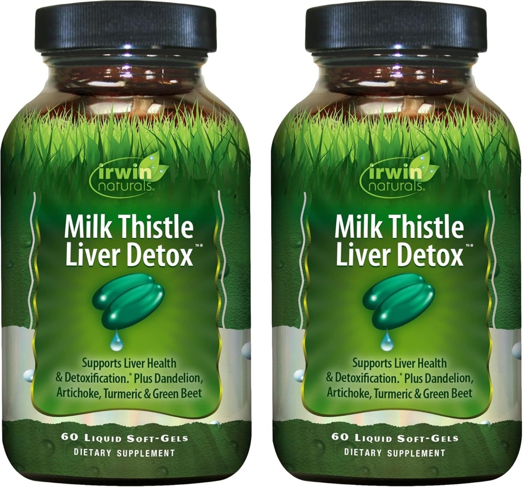 Irwin Naturals Milk Thistle Liver Detox - 60 Liquid Soft-Gels, Pack of 2 - Supports Liver Health with Dandelion, Artichoke, Turmeric & Green Beet Root - 60 Total Servings